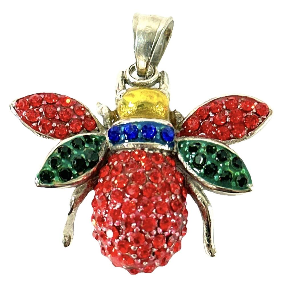 Colorful Bee Pendant 316L Stainless Steel Red Green Rhinestone Insect - Picture 2 of 6